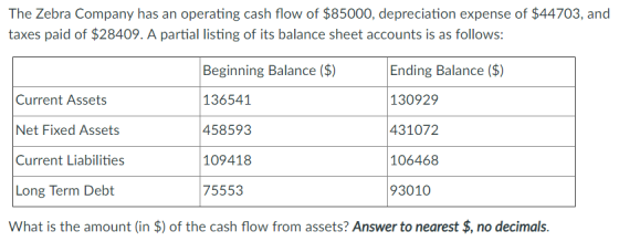 The Zebra Company has an operating cash flow of $85000, depreciation expense of $44703, and taxes paid of $28409. A partial listing of its balance sheet accounts is as follows: Current Assets Net Fixed Assets Current Liabilities Long Term Debt Beginning Balance ($) 136541 458593 109418 75553 Ending Balance ($) 130929 431072 106468 93010 What is the amount (in $) of the cash flow from assets? Answer to nearest $, no decimals.