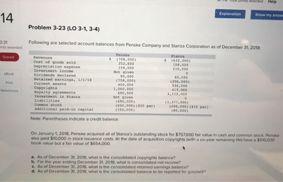Explanation Show my answ! 14 Problem 3-23 (LO 3-1, 3-4) 2.31 ints awarded Following are selected account balances from Penske