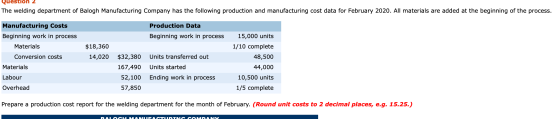 Question 2 The welding department of Balogh Manufacturing Company has the following production and manufacturing cost data fo