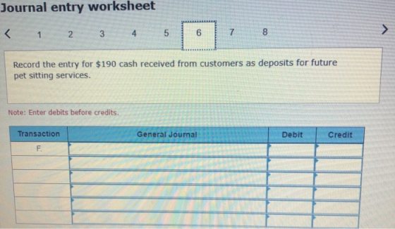 Journal entry worksheet < 1 2 3 4 5 7 Record the entry for $190 cash received from customers as deposits for future pet sitti