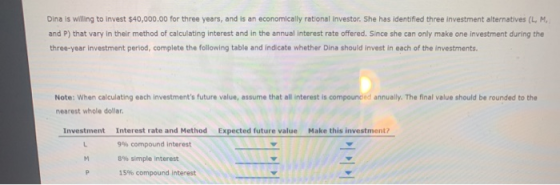 Dina is willing to invest $40,000.00 for three years, and is an economically rational Investor. She has identified three inve
