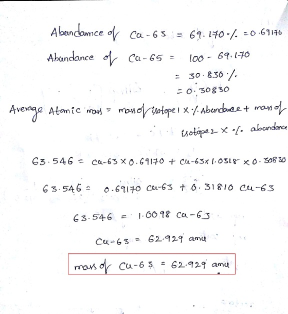 Abondance σ Abandance Ca-65 loo-6%170 : 30 . 836 ./. = €3.546 = 1.0098 ca-63 Cu-63 = 62-929 amu ran o Cu-6 62.129 amu