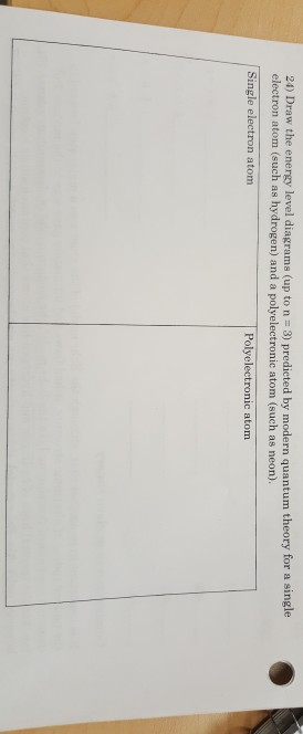 24) Draw the energy level diagrams (up to n = 3) predicted by modern quantum theory for a single electron atom (such as hydro