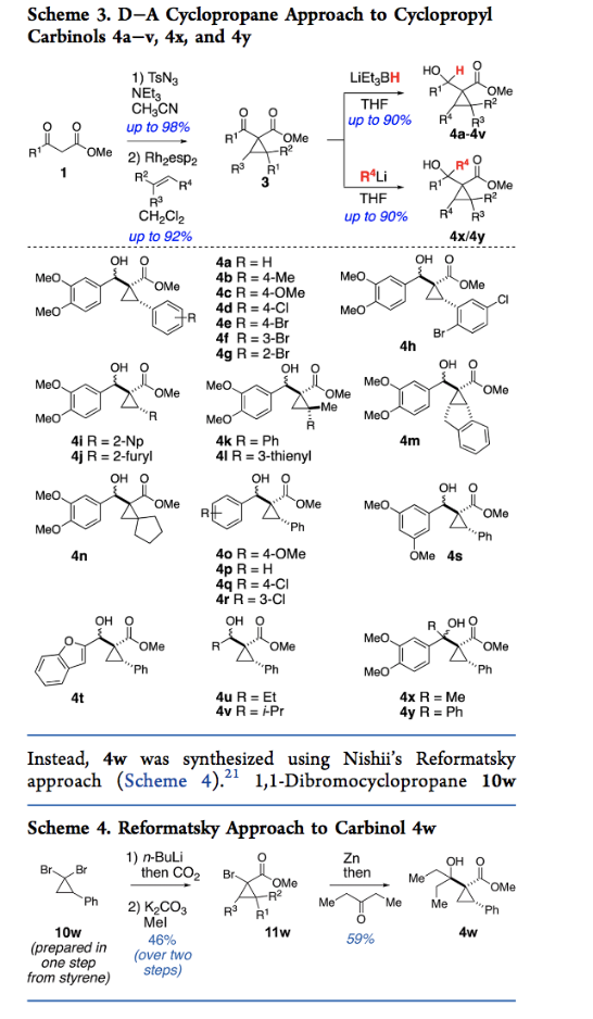 Scheme 3. D-A Cyclopropane Approach to Cyclopropyl Carbinols 4a-v, 4x, and 4y LiEt 8H 1) TsN3 NEt3 CH3CN upto 98% THF Up to 90% 4a-4v 2) Rh2esp2RR THF ?? to 90% CH2Cl2 up to 92% 4x/4y OH O ??? 4b R 4-Me 4c R = 4-OMe 4e R = 4-Br 4g R 2-Br R 4h ?? ? ?? ??? OMe OMe Ai R = 2-Np aj R = 2-furyl OH O 4m 1R 3-thienyl ?? ? ??? 40 R 4-OMe 4p R H OMe 4s ?? ? ?? ? R OHO 4t 4xR-Me Instead, 4w was synthesized using Nishiis Reformatsky approach (Scheme 4).21 1,1-Dibromocyclopropane 10w Scheme 4. Reformatsky Approach to Carbinol 4w 1) n-BuLi Br B then CO2 Br>< OMe Me Me Mel 10w 11w .46% (prepared in one step (over two steps) from styrene)