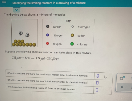 Identifying the limiting reactant in a drawing of a mixture The drawing below shows a mixture of molecules: key carbon hydrog