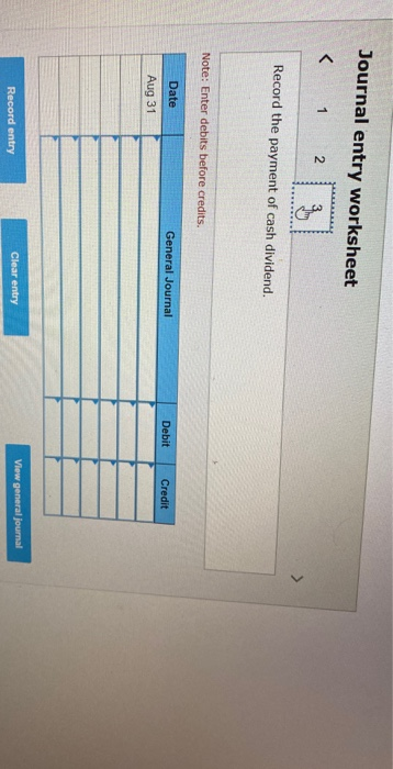 Journal entry worksheet < 1 2 3 Record the payment of cash dividend. Note: Enter debits before credits. Date General Journal