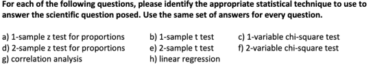 For each of the following questions, please identify the appropriate statistical technique to use to answer the scientific qu