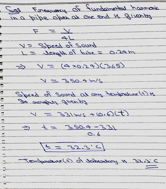 Sal Frequency of fundamental harmonic in a pipe open at one end is givenby v AL V= speed of sound L = length of tube = 0.24m