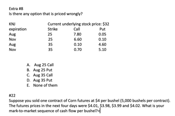 Extra #8 Is there any option that is priced wrongly? KNJ expiration Aug Nov Aug Nov Current underlying stock price: $32 Strik