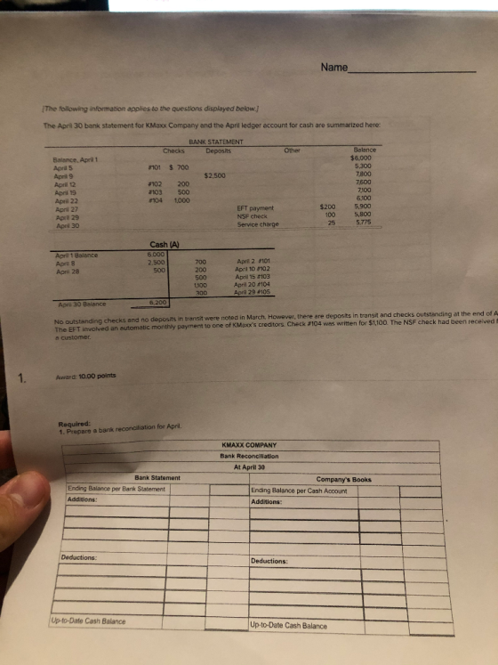 Name The following information applies to the questions displayed below. The April 30 bank statement for KMaxx Company and th