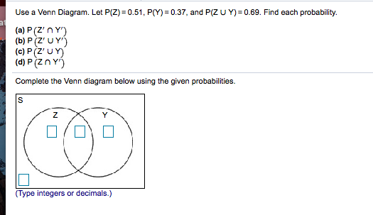 Use a Venn Diagram. Let P(Z) 0.51, P(Y) 0.37, and P(Z UY) 0.69. Find each probability. (a) P(ZnY) (b) P (2 UY) (c) P (Z UY) fui@ド//1 Y, (d) P (ZnY) Complete the Venn diagram below using the given probabilities. (Type integers or decimals.)