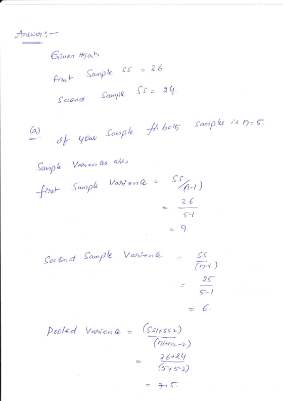 Given Hsa Sample s26 Second Sampk SS: 29 #71) 6 ano ample S-1 See Ond Sample Vartena 2S S-1 6 Pooled VaienSsss) 672