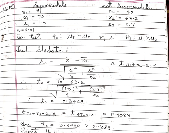 Supermodele not Supermodels. 48.15) n = 9 n2= X2 40 63.2 S2 = 2.7 2 To si d=0.01 To test Hoi li lli - lz & Hillilla Test Stat