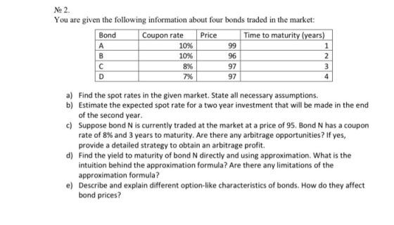No 2. You are given the following information about four bonds traded in the market: Bond Coupon rate Price Time to maturity