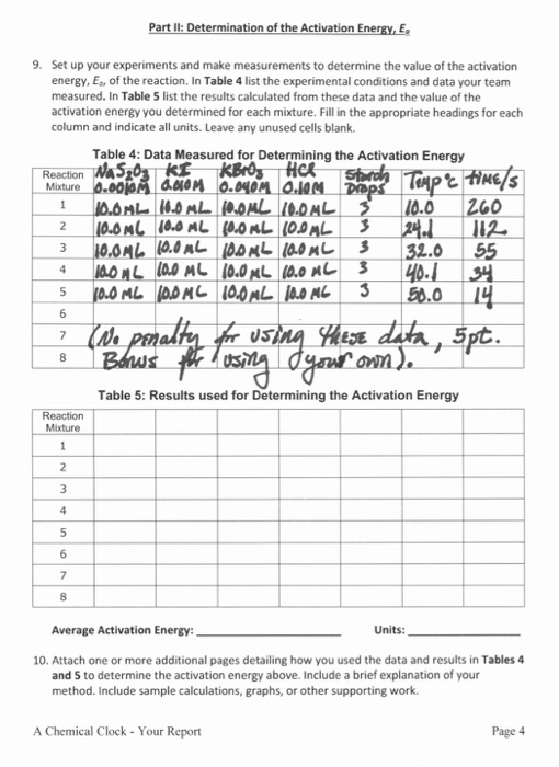 Part II: Determination of the Activation Energy, E. 9. Set up your experiments and make measurements to determine the value o
