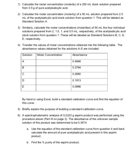 1) Calculate the molar concentration (molarity) of a 250 mL stock solution prepared from 0.5 g of pure acetylsalicylic acid.