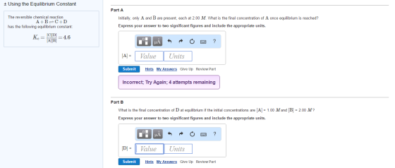The reversible chemical reaction A + B C + D has
