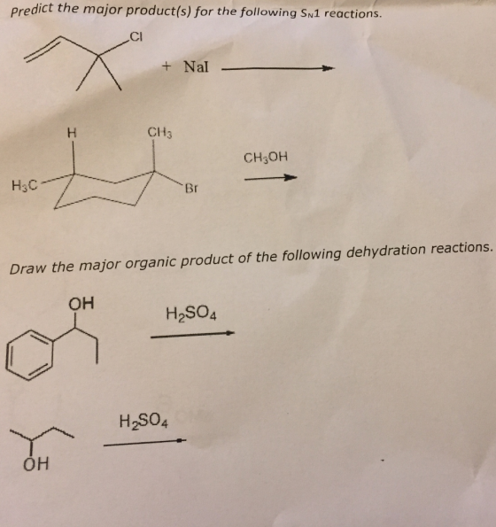 PYULL le major product(s) for the following Sn1 reactions. CI + Nal CH3 Снон H3C Draw the major organic product of the follow