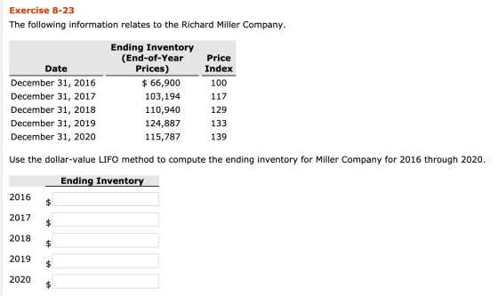 Exercise 8-23 The following information relates to the Richard Miller Company. Price Index Date Ending Inventory (End-of-Year