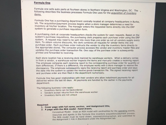 Formula One Formula one sells auto parts at fourteen stores in Northern Virginia and Washington, DC. The. following describes