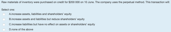 Raw materials of inventory were purchased on credit for $200 000 on 10 June. The company uses the perpetual method. This tran
