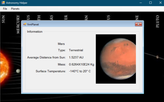 X Astronomy Helper File Planets SUN US E RN US NE MERCURY PLUTO o frmPlanet х Information Mars Type: Terrestrial Average Dist