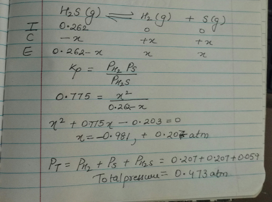 At A Certain Temperature The Kp For The Decomposition Of H2S Is 0 775 