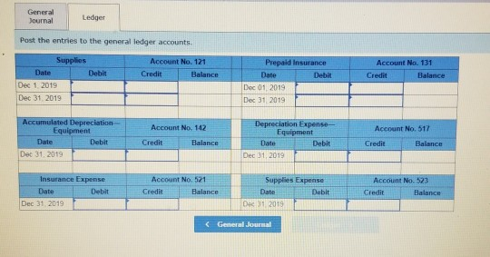 General Journal Lediger Post the entries to the general ledger accounts. Account No. 121 Credit Prepaid insurance Debit Balan