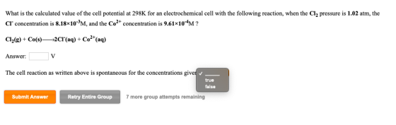 What is the calculated value of the cell potential at 298K for an electrochemical cell with the following reaction, when the