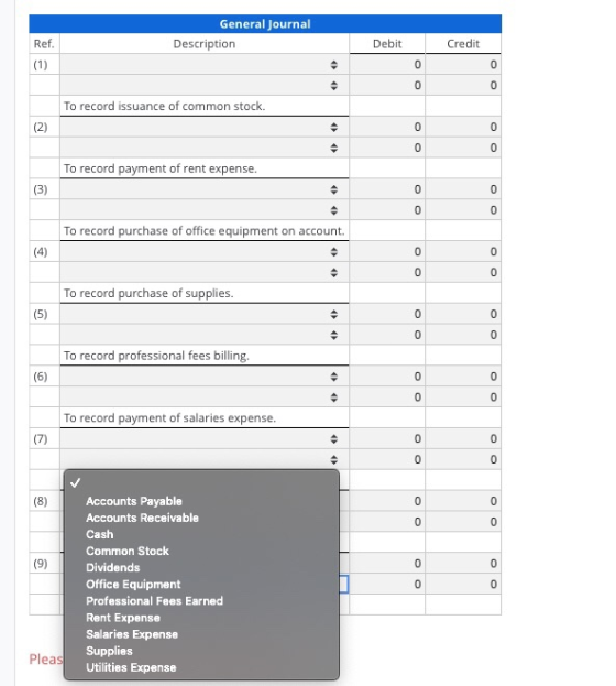 General Journal Description Ref. Debit Credit (1) To record issuance of common stock. (2) To record payment of rent expense.