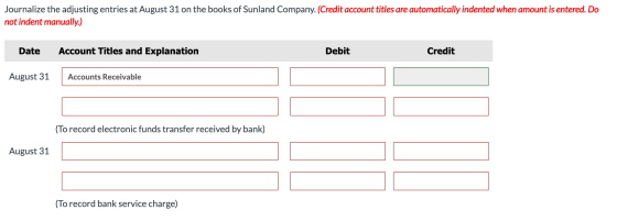 Journalize the adjusting entries at August 31 on the books of Sunland Company. (Credit account titles are automatically inden