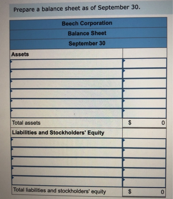Prepare a balance sheet as of September 30. Beech Corporation Balance Sheet September 30 Assets Total assets $ 0 Liabilities