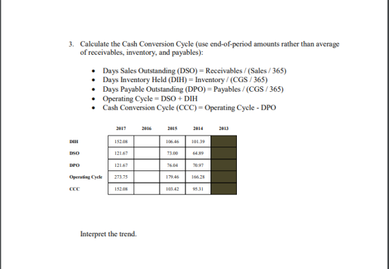 3. Calculate the Cash Conversion Cycle (use end-of-period amounts rather than average of receivables, inventory, and payables