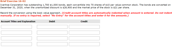 Brief Exercise 16-02 Ivanhoe Corporation has outstanding 1,700 $1,000 bonds, each convertible into 70 shares of $10 par value