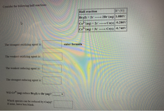 Consider the following half-reactions: Half-reaction E° (V) Br2(1) + 2e —2Br (aq) 1.080V Co2+(aq) + 2e Co(s) -0.280V Cr3+ (aq