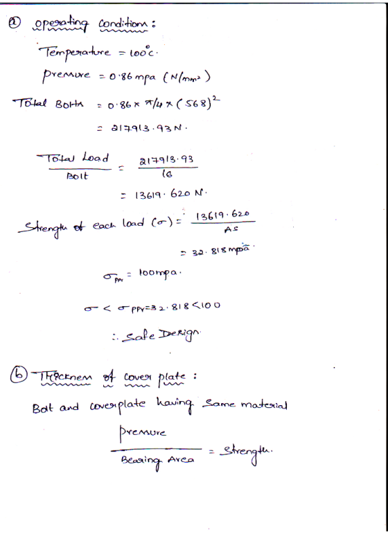 epe ordom: Temperadore Looc premure = 0 86mpa (N ( 568)- Tolal Bota o 86x alq3.93 N . TOta Load at913.93 Bolt 13619 620 N. 3