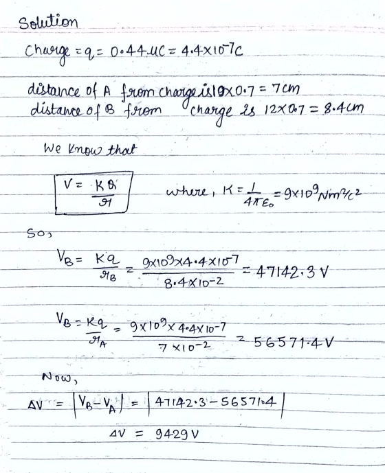 Solution Charge 29 = 0.44.UC z 4.4x10-7c distance of A from distance of B from Charge is19x0.7 = 7cm charge is 12X0.7 = 8.4cm