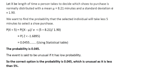 Let X be length of time a person takes to decide which shoes to purchase is normally distributed with a mean 8.21 minutes and a standard deviation ơ We want to find the probability that the selected individual will take less 5 minutes to select a shoe purchase. P(X < 5)-P(X-u)/o < (5-821)/ 1.90) - P(Z <-1.6895) 0.0455... (Using Statistical table) The probability is 0.045. The event is said to be unusual if it has low probability. So the correct option is the probability is 0.045, which is unusual as it is less than 5%.