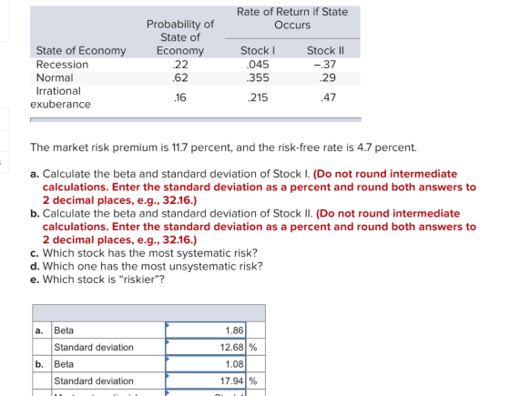 Rate of Return if State Occurs Probability of State of Economy .22 State of Economy Recession Normal Irrational exuberance .6