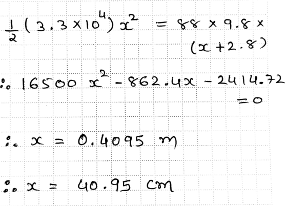 1(3.3 X 10 ) ? = 88 x 9.8* (x +2.8) :. 16500 x? - 862.406 - 2014.72 = 0 i 2 a 0.4095 m : OC = 40.95 cm
