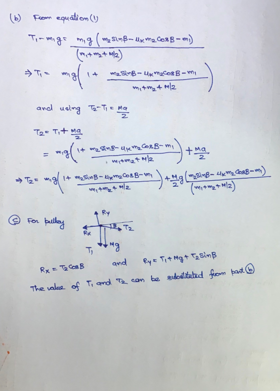 from equation () Tormiga mig (ma Sinß- uk M2 Co BB- mi) (+7+2) Te migl m2. Sins - Ukmecos B-mi mitm24 m2 and using To-T1=Ma T