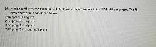 16. A compound with the formula C H10O shows only six signals in its C-NMR spectrum. The H- NMR spectrum is tabulated below
