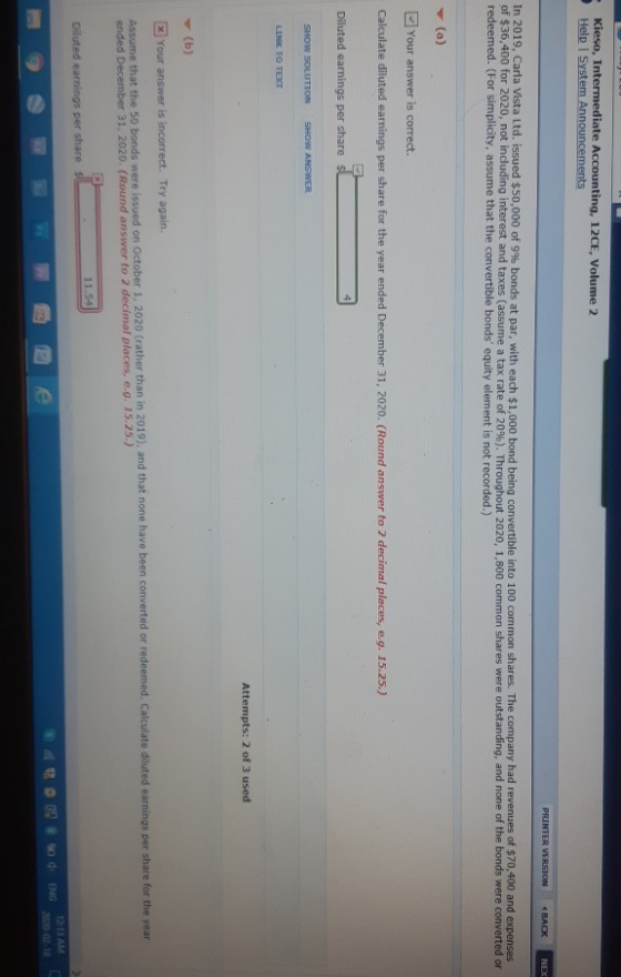 Kieso, Intermediate Accounting, 12CE, Volume 2 Help System Announcements PRINTER VERSION BACK NEX In 2019, Carla Vista Ltd. i
