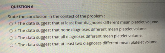 QUESTION 6 State the conclusion in the context of the problem: o 1. The data suggest that at least four diagnoses different m