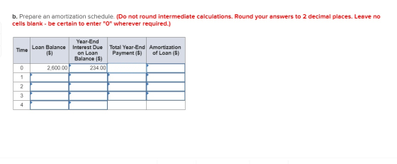 b. Prepare an amortization schedule. (Do not round intermediate calculations. Round your answers to 2 decimal places. Leave n
