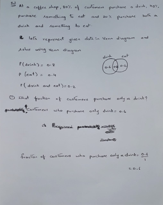 8ol At a Colt-eahop, 80% 아 customers purchane a drink, 407, purchane borKa 사 eat and 20% dvink and omeFinq to eat l reprenent given dafa in Venn dbag A olve unng ven dagan P (drink o8 remand dri cat r (drink ond eat) o.2 四/Jhat traction ot cuslo mers purchase onl a drink Cuome hrchane only sink o.6 o.o fraclio ^ 아 ce leon e以 who pur chanc onlt adrink=