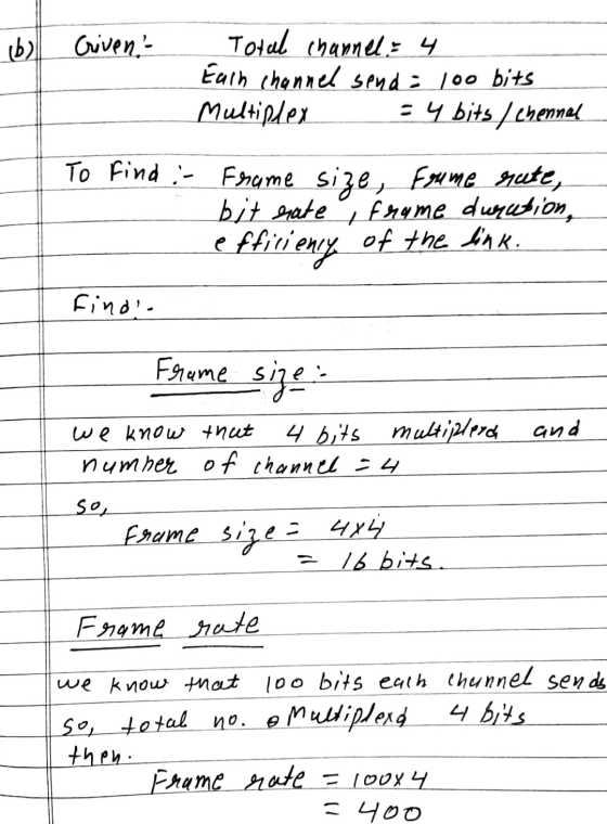 b2 Given Total channel: 4 Each channel send = 100 bits Multiplex = 4 bits/chennal To find :- Ersame size, Eyume gate, bit ena