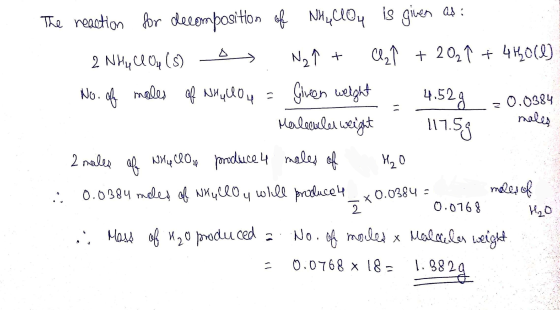The reaction for decomposition of NH COy is given af: 2 Nhy Cl Oy (8) By N21 + CD + 2029 + 4H0(8) No. of males of NH 4004 = G