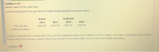 Problem 7-07 Horizon Value of Free Cash Flows Current and projected free cash flows for Radell Global Operations are shown be