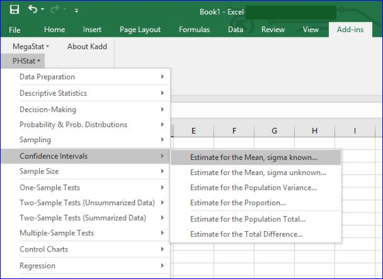 Book1 - Excel Page Layout Formulas Data Review View Add-ins File Home Insert MegaStat About Kadd PHStat- Data Preparation Des